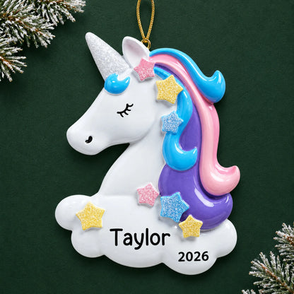 Personalized unicorn christmas ornament on a dark green pine background
