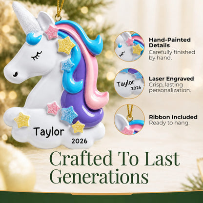 Hand-painted details and laser engraved personalization on the unicorn christmas ornament, ribbon included