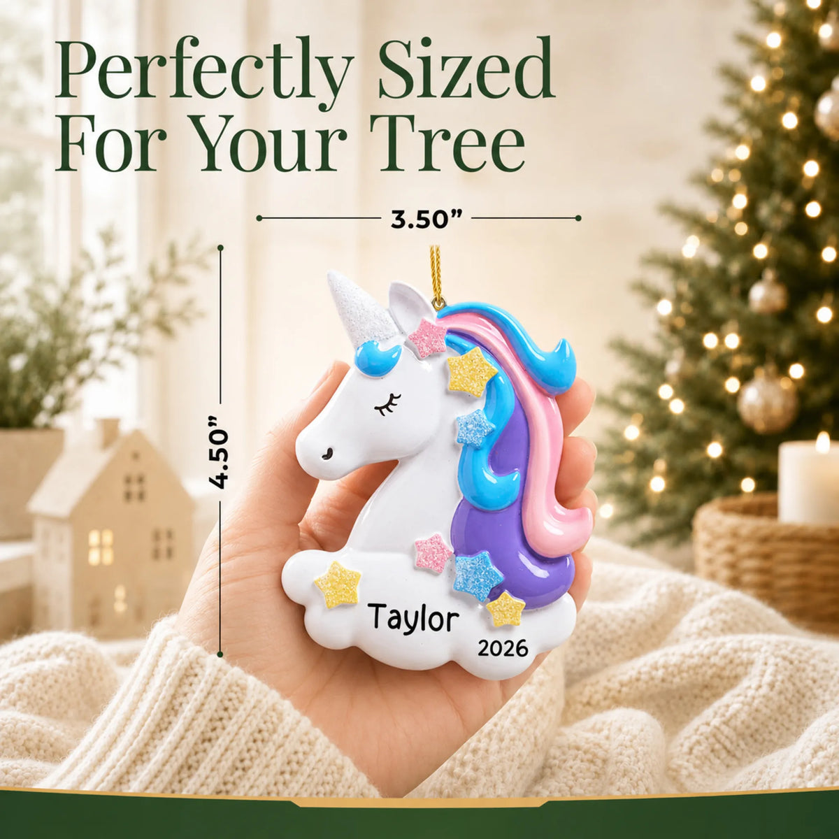 Size guide: the personalized unicorn christmas ornament is 3.50 in wide by 4.50 in tall, shown in hand