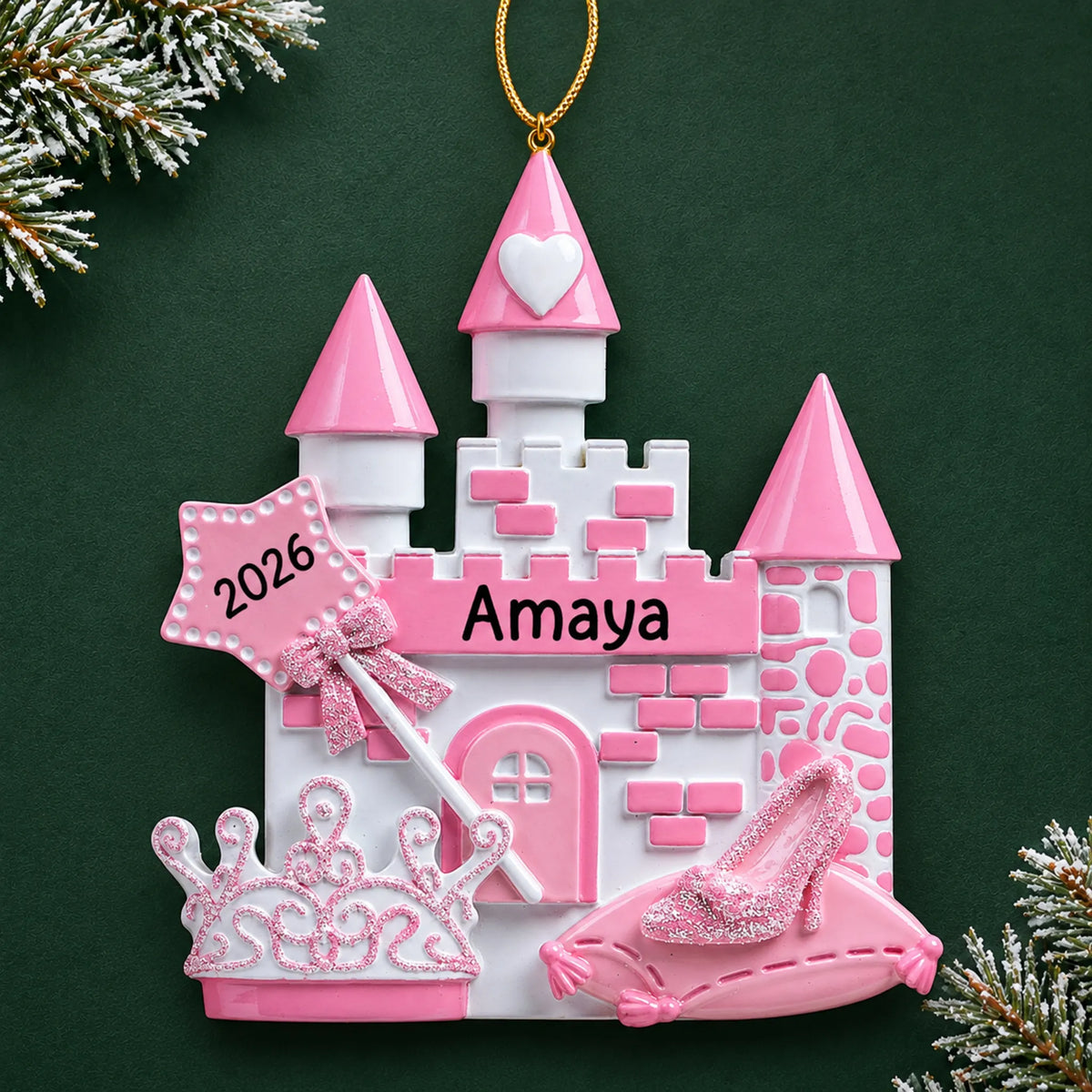 Personalized princess christmas ornament on a dark green pine background