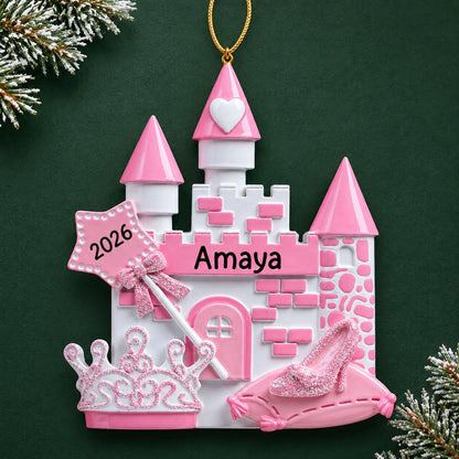 Personalized princess christmas ornament on a dark green pine background
