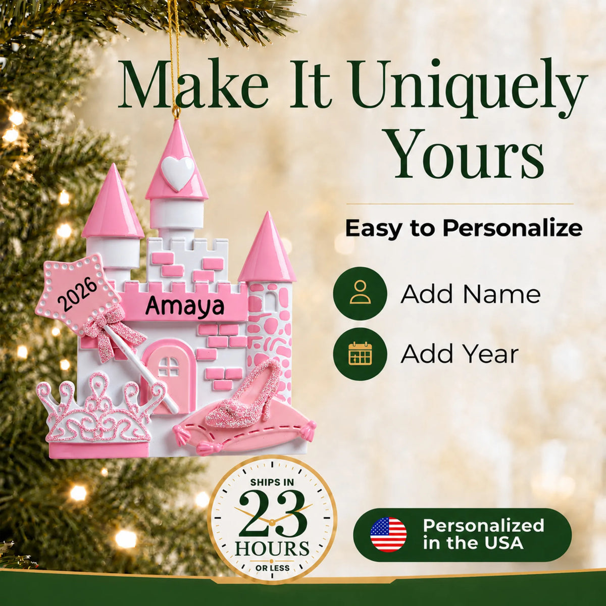 Make it yours: add name and year to the personalized princess christmas ornament