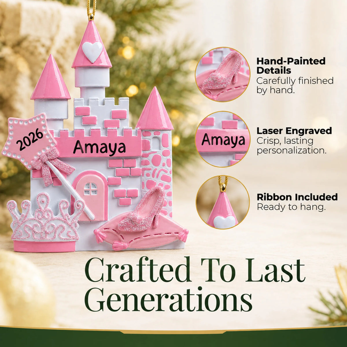 Hand-painted details and laser engraved personalization on the princess christmas ornament, ribbon included