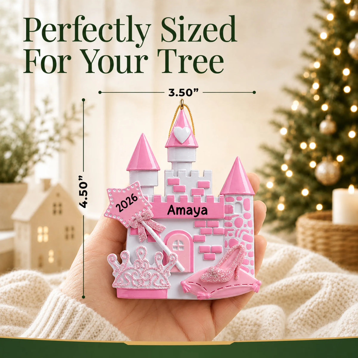Size guide: the personalized princess christmas ornament is 3.50 in wide by 4.50 in tall, shown in hand