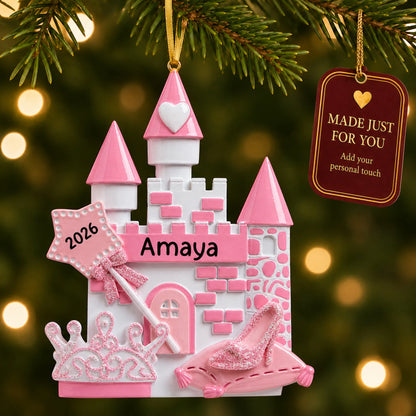 Princess christmas ornament hanging on a lit Christmas tree with a Made Just For You gift tag