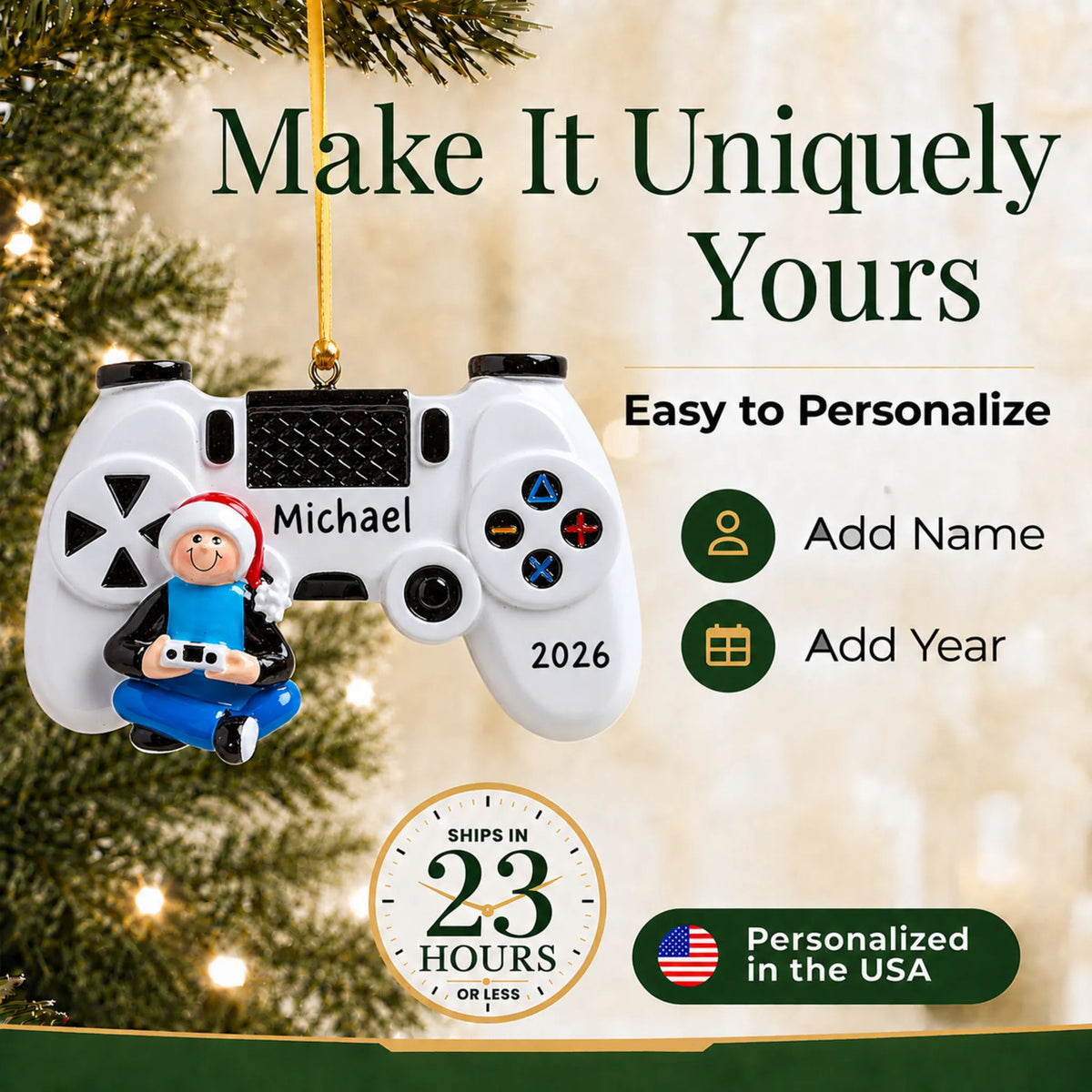 Make it yours: add name and year to the personalized video game controller christmas ornament