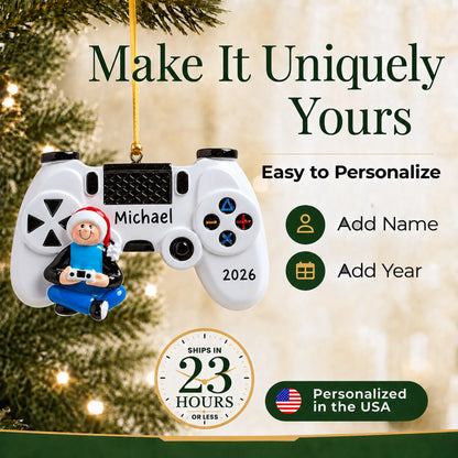 Make it yours: add name and year to the personalized video game controller christmas ornament