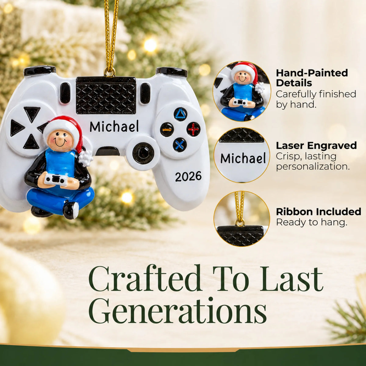 Hand-painted details and laser engraved personalization on the video game controller christmas ornament, ribbon included