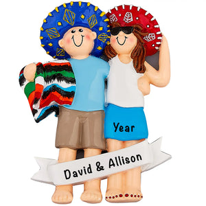 Personalized Mexico Christmas ornament, a couple in traditional Mexican attire, names engraved on the front.