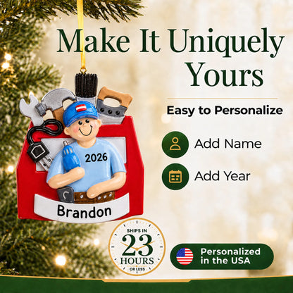 Make it yours: add name and year to the personalized handyman toolbox christmas ornament