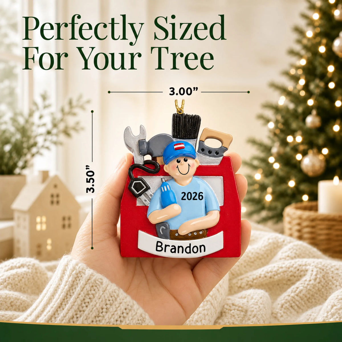 Size guide: the personalized handyman toolbox christmas ornament is 3.00 in wide by 3.50 in tall, shown in hand