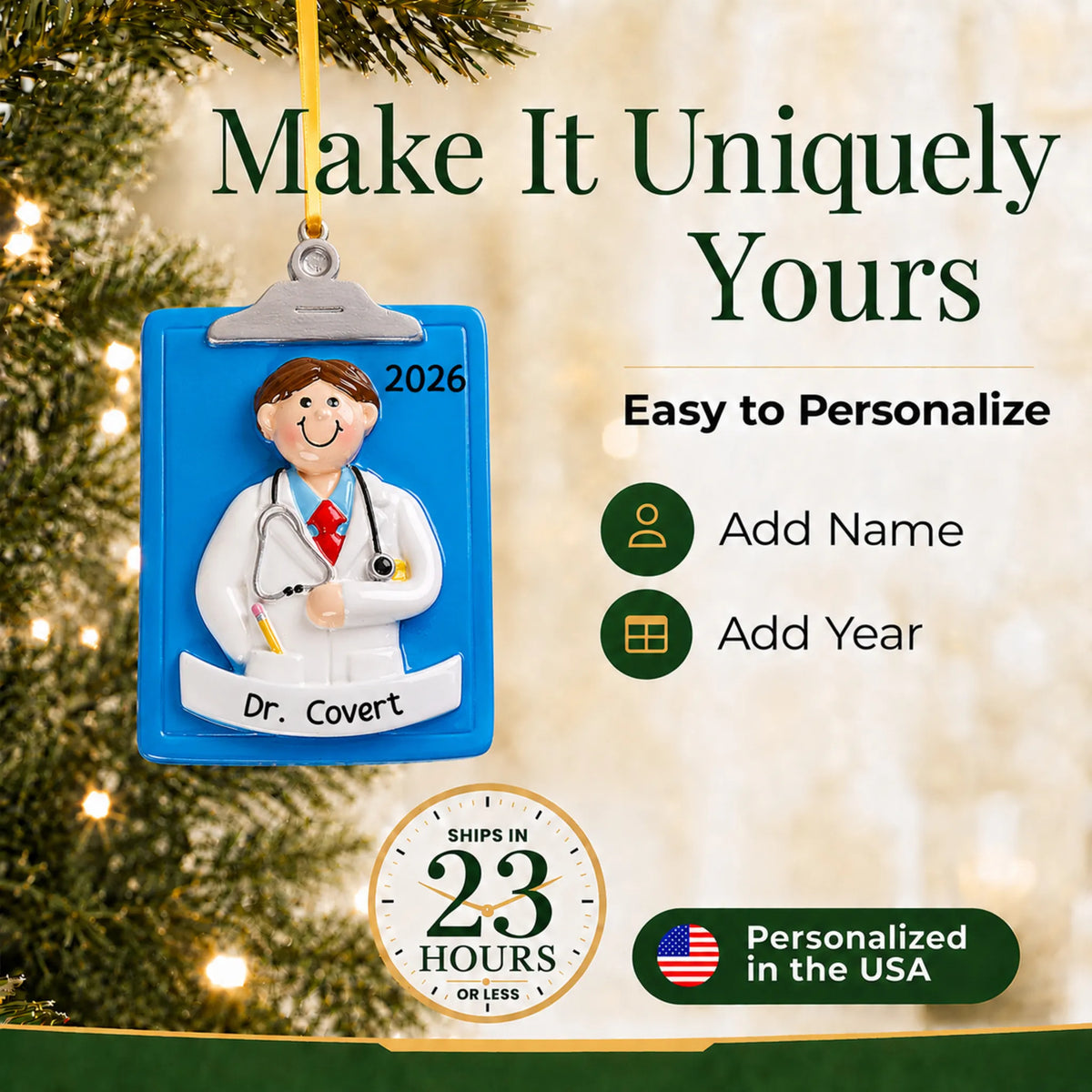 Make it yours: add name and year to the personalized doctor guy clipboard christmas ornament