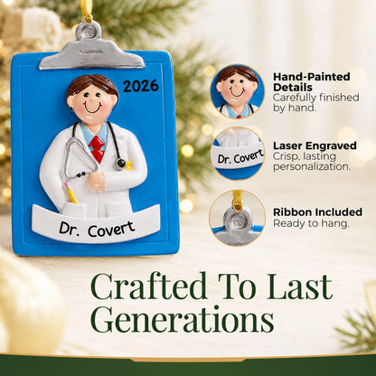 Hand-painted details and laser engraved personalization on the doctor guy clipboard christmas ornament, ribbon included