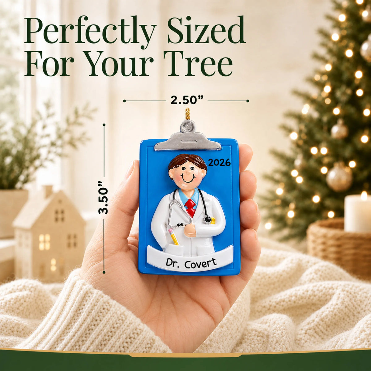 Size guide: the personalized doctor guy clipboard christmas ornament is 2.50 in wide by 3.50 in tall, shown in hand