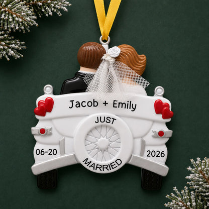 Personalized Just Married wedding car Christmas ornament with a bride and groom in a Just Married car with names and date