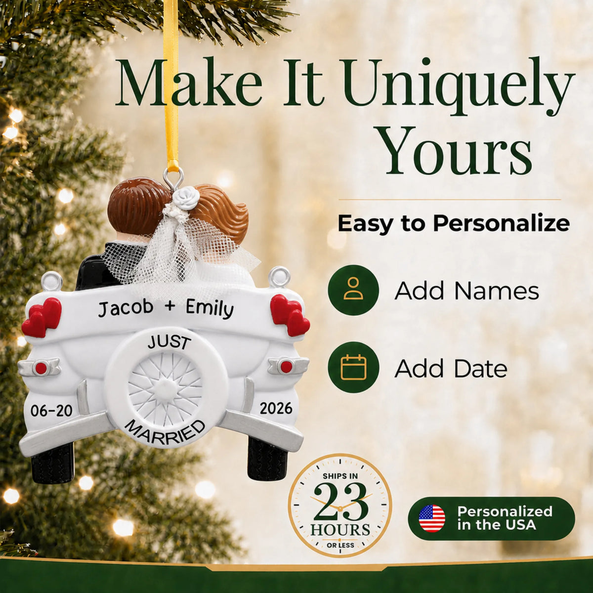 How to personalize the Just Married wedding car Christmas ornament: add names and date, ships in 23 hours