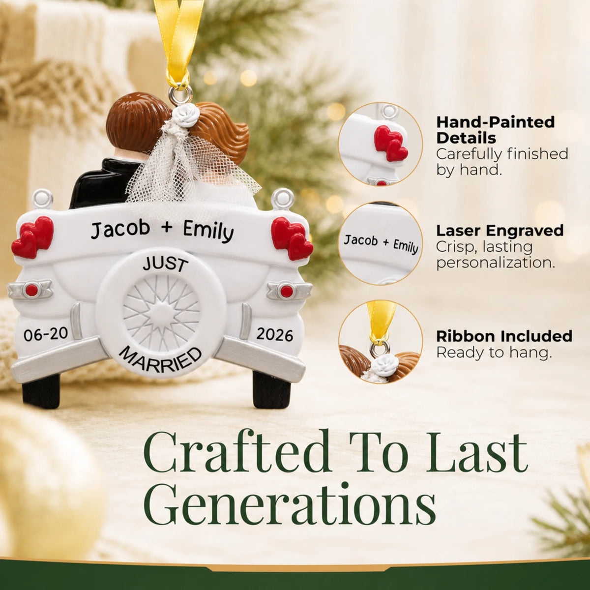 Close-up of the personalized Just Married wedding car Christmas ornament: hand-painted detail, laser engraving
