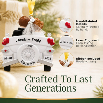 Close-up of the personalized Just Married wedding car Christmas ornament: hand-painted detail, laser engraving