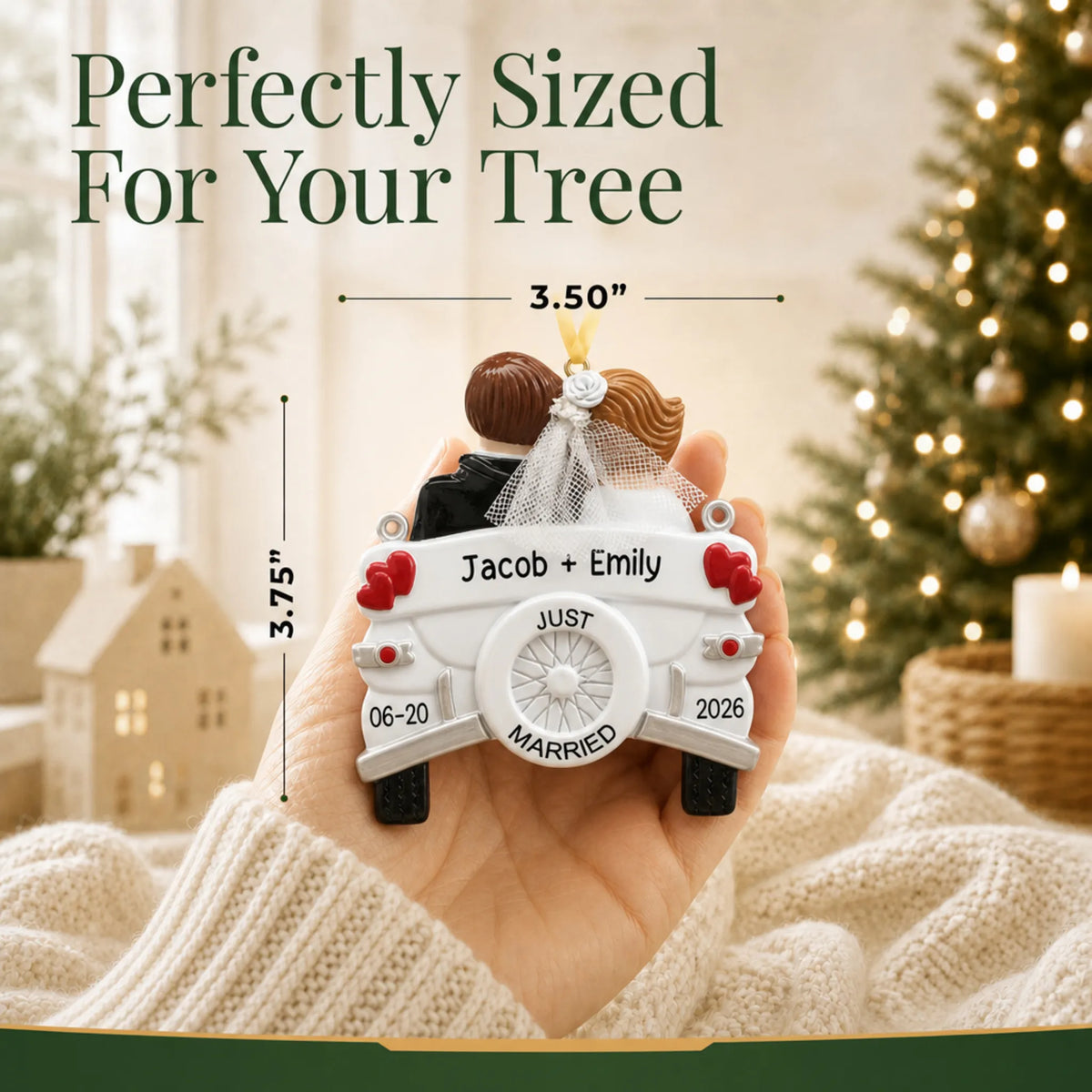 Personalized Just Married wedding car Christmas ornament held in a hand to show its 3.5 by 3.75 inch size