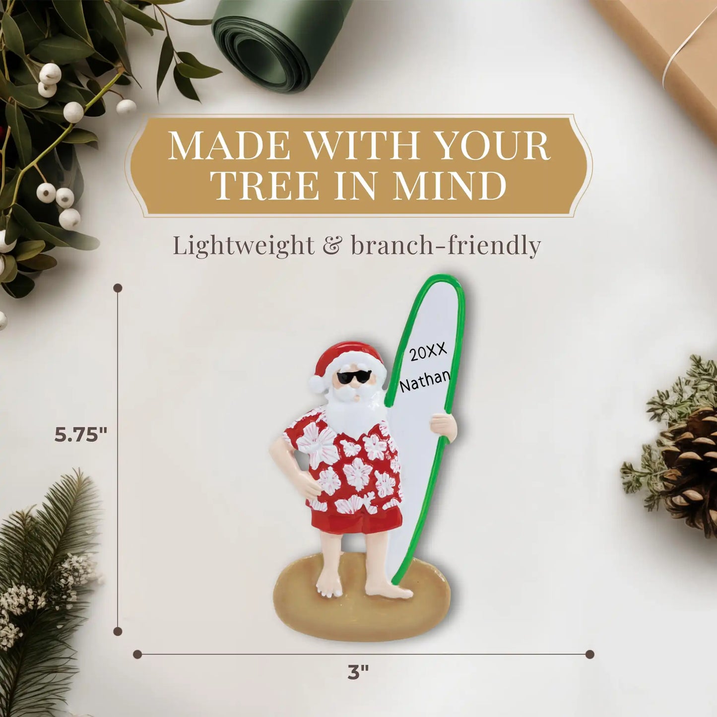 Santa Surf Board Personalized Ornament