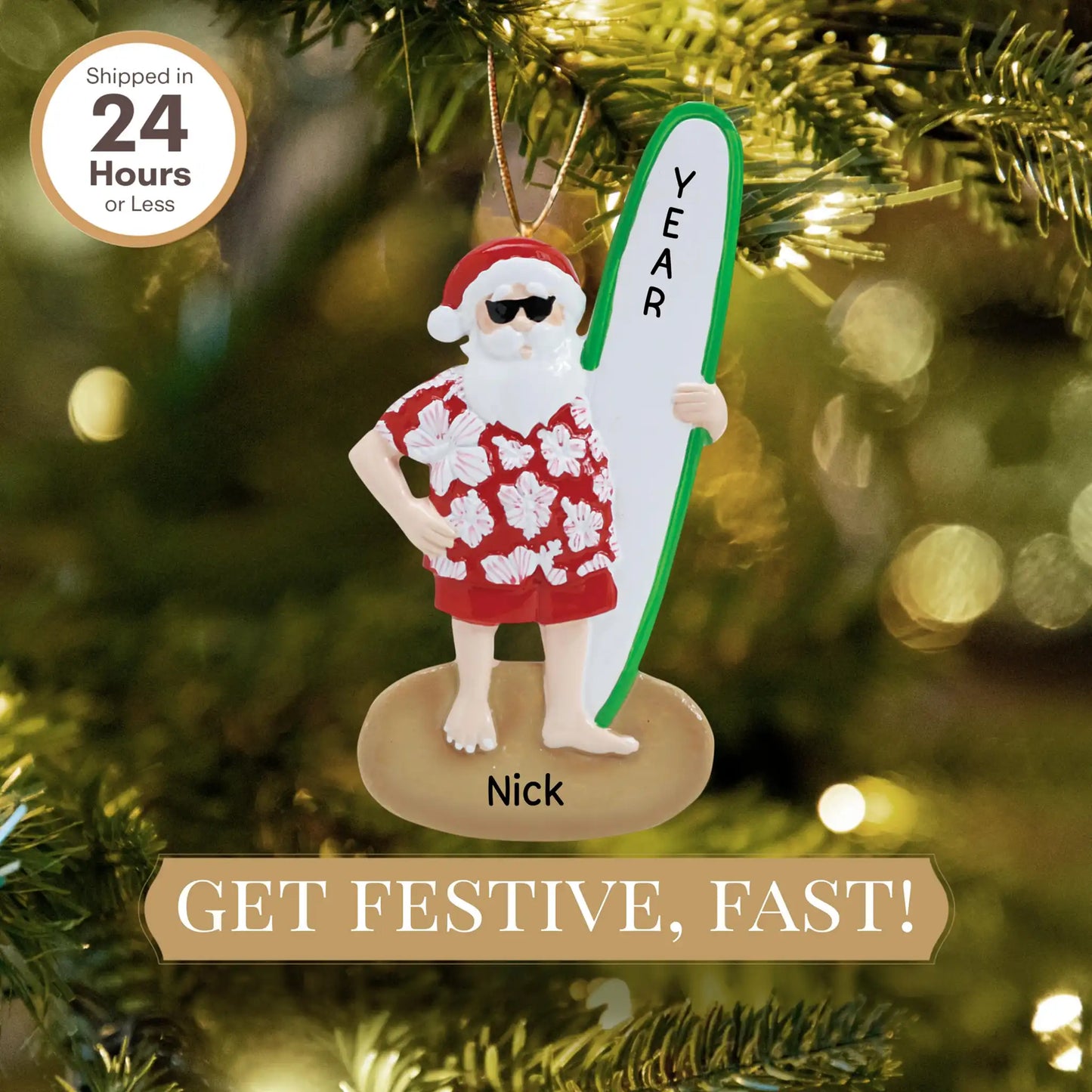 Santa Surf Board Personalized Ornament