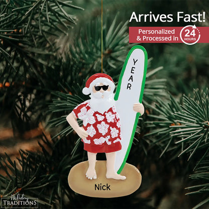 Santa Surf Board Personalized Ornament