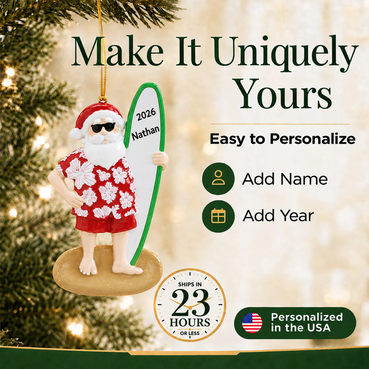 Make it yours: add name and year to the personalized Santa surfboard christmas ornament