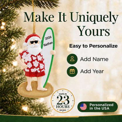 Make it yours: add name and year to the personalized Santa surfboard christmas ornament