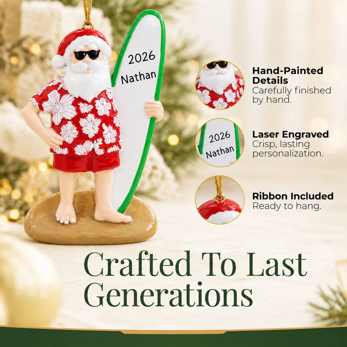 Hand-painted details and laser engraved personalization on the Santa surfboard christmas ornament, ribbon included