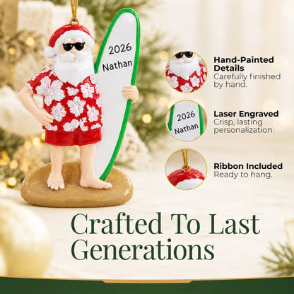 Hand-painted details and laser engraved personalization on the Santa surfboard christmas ornament, ribbon included