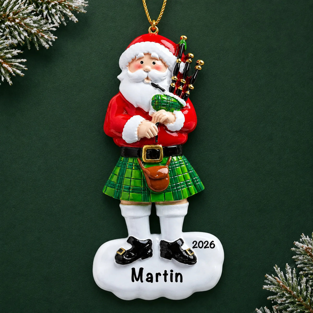 Personalized Scottish Bagpipes Santa christmas ornament on a dark green pine background