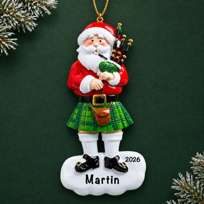 Personalized Scottish Bagpipes Santa christmas ornament on a dark green pine background