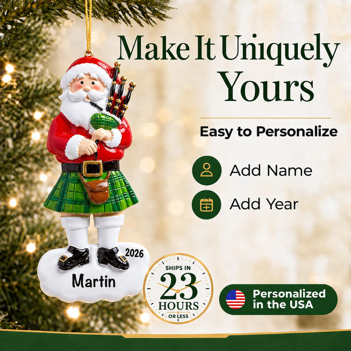 Make it yours: personalize the Scottish Bagpipes Santa christmas ornament with a name and the year