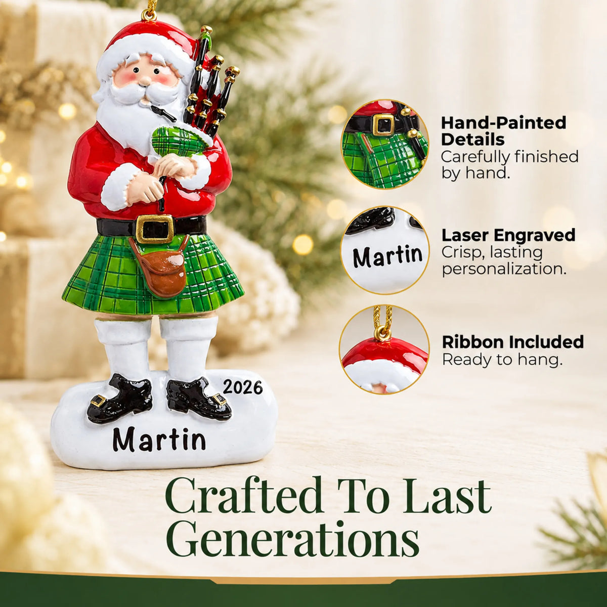 Hand-painted, laser engraved Scottish Bagpipes Santa christmas ornament, ribbon included