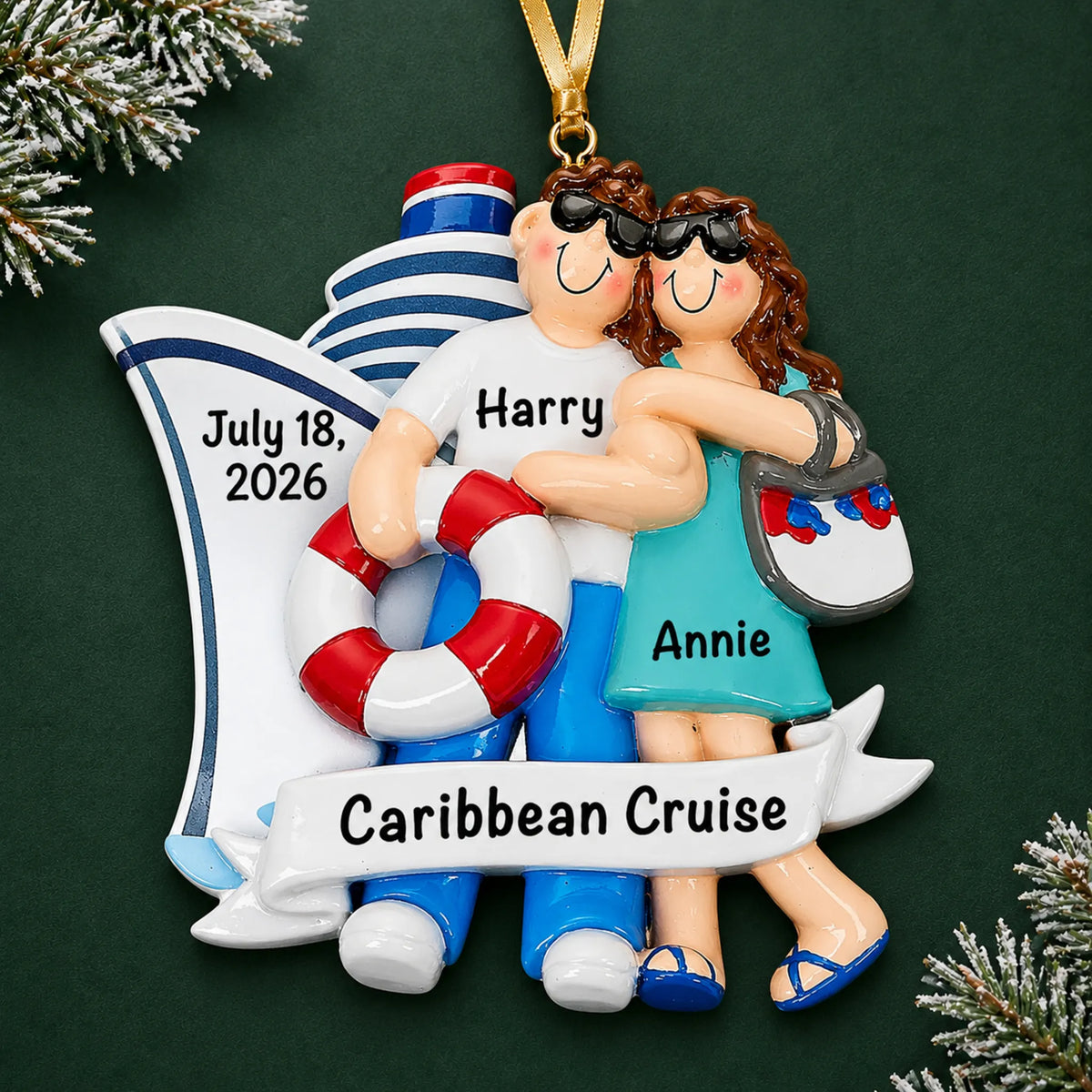 Personalized cruise ship love couple christmas ornament on a dark green pine background