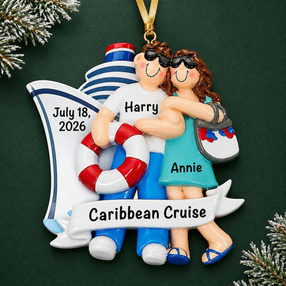 Personalized cruise ship love couple christmas ornament on a dark green pine background