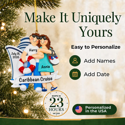 Make it yours: add names and date to the personalized cruise ship love couple christmas ornament