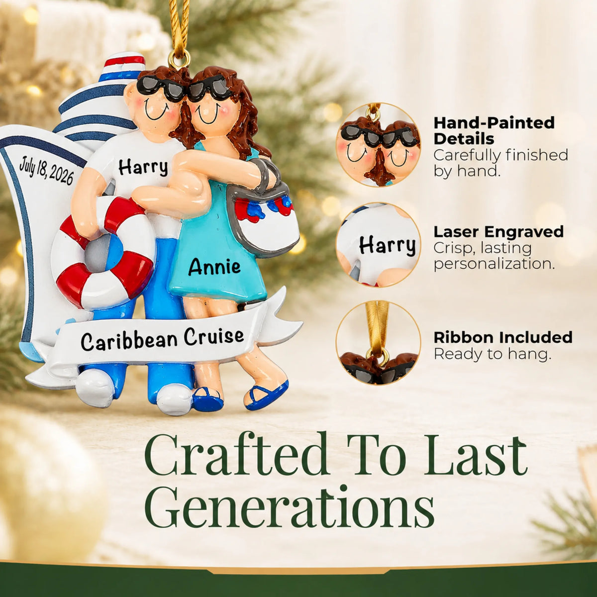 Hand-painted details and laser engraved personalization on the cruise ship love couple christmas ornament, ribbon included