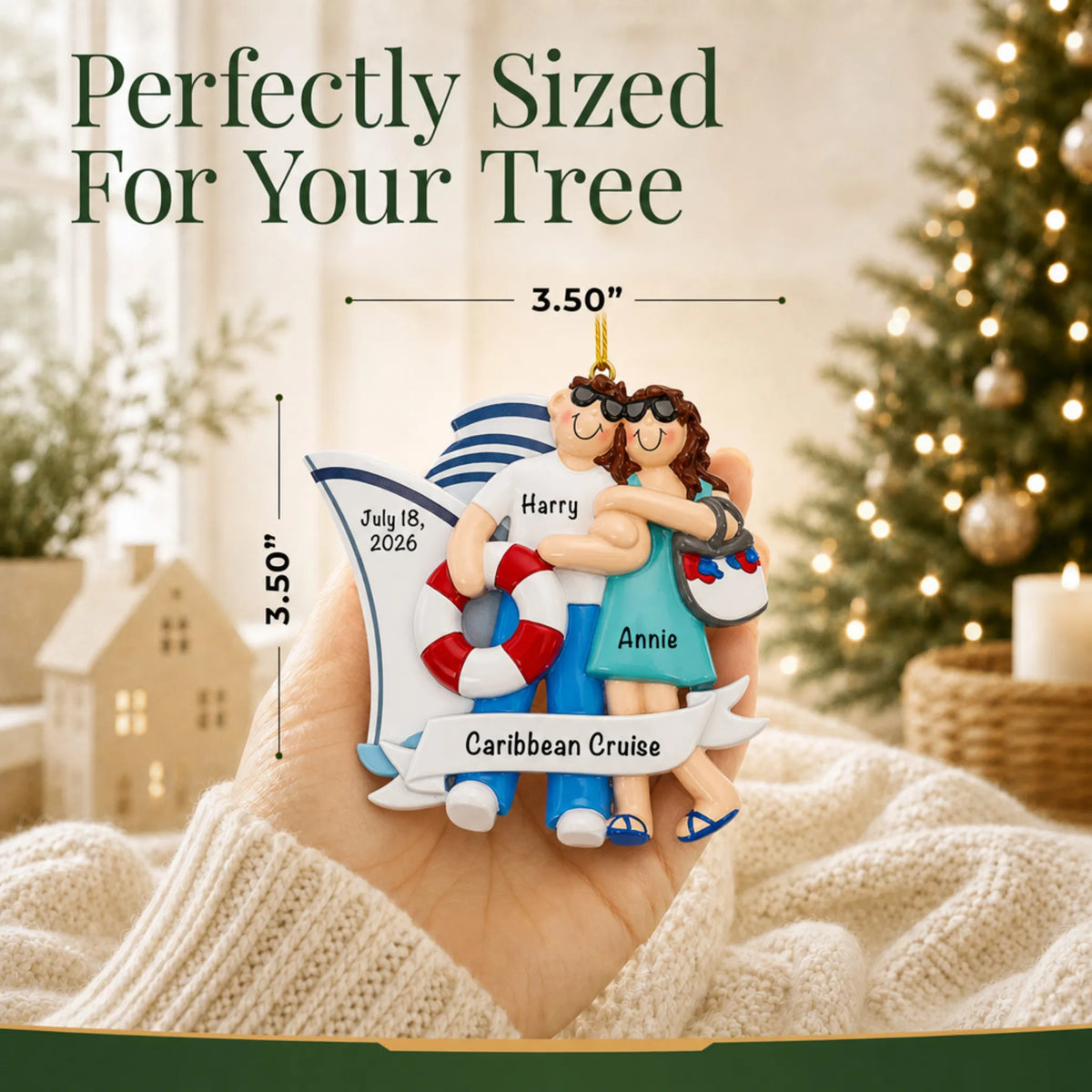Size guide: the personalized cruise ship love couple christmas ornament is 3.50 in wide by 3.50 in tall, shown in hand