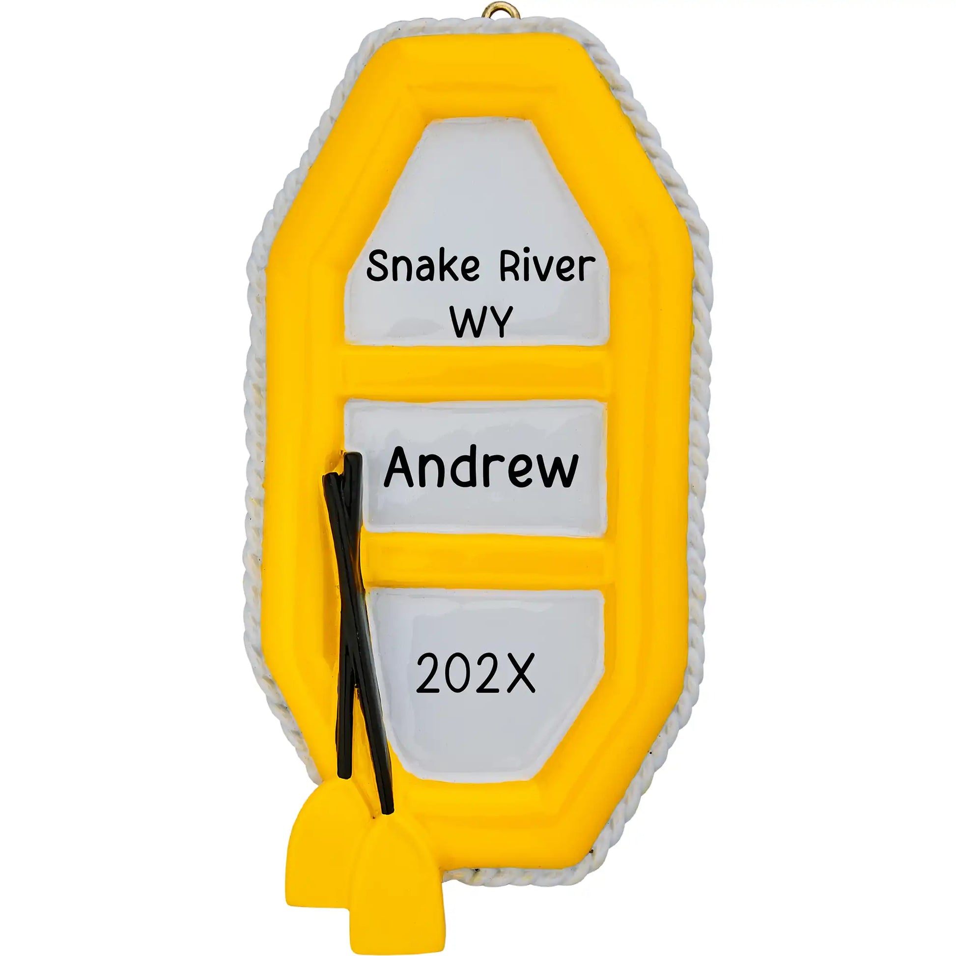 Personalized Christmas ornament shaped like a yellow inflatable white water rafting boat with paddles, engraved with "Snake River WY," "Andrew," and the year "202X."
