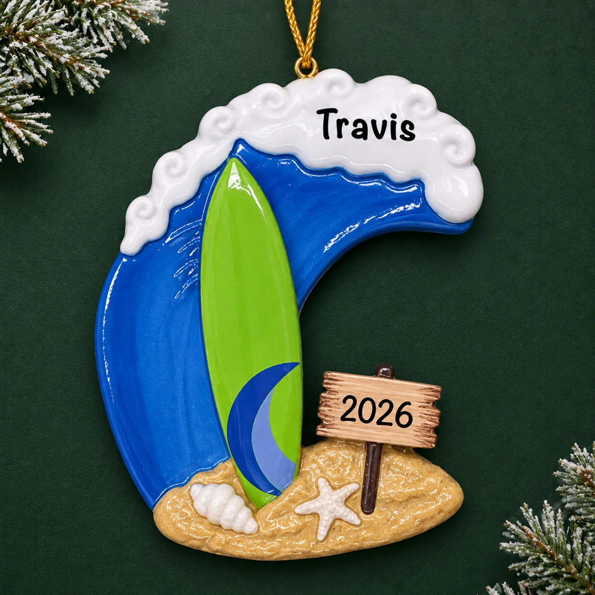 Personalized surfing big wave christmas ornament, a green surfboard riding a big blue wave, on a dark green pine background