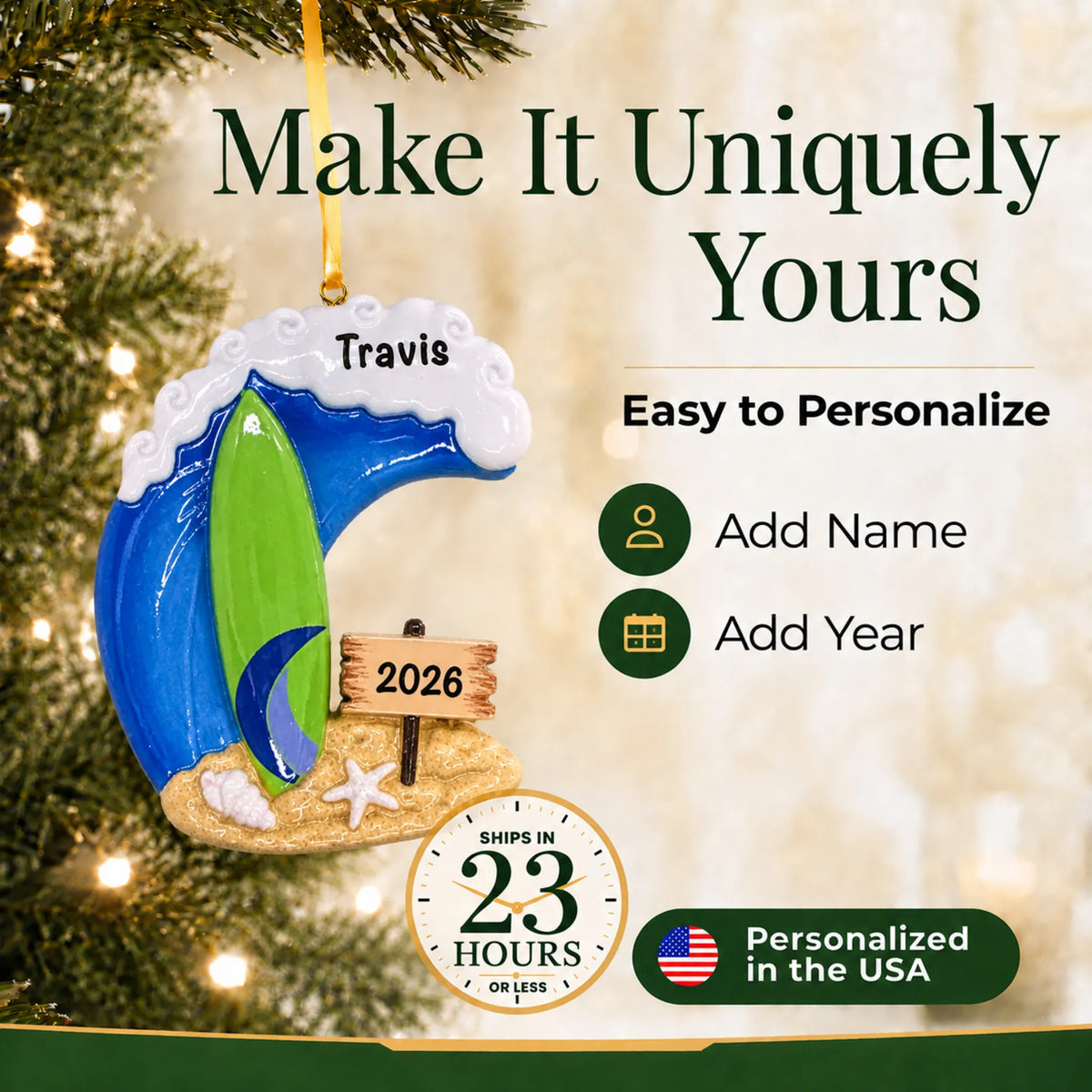 Make it yours: add name and year to the personalized surfing big wave christmas ornament