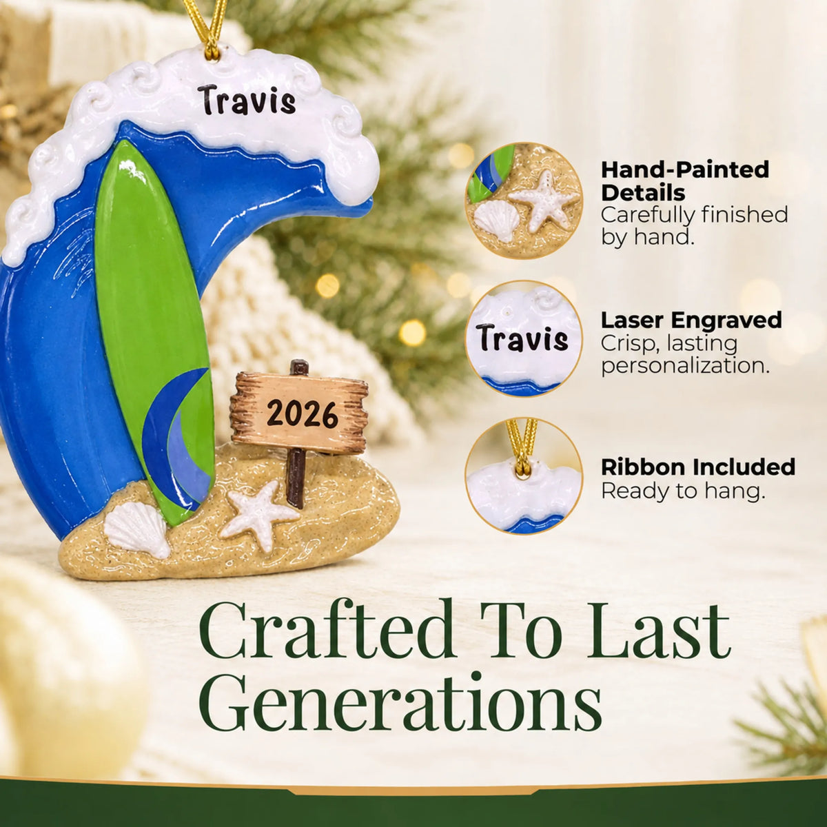 Hand-painted details and laser engraved personalization on the surfing big wave christmas ornament, ribbon included