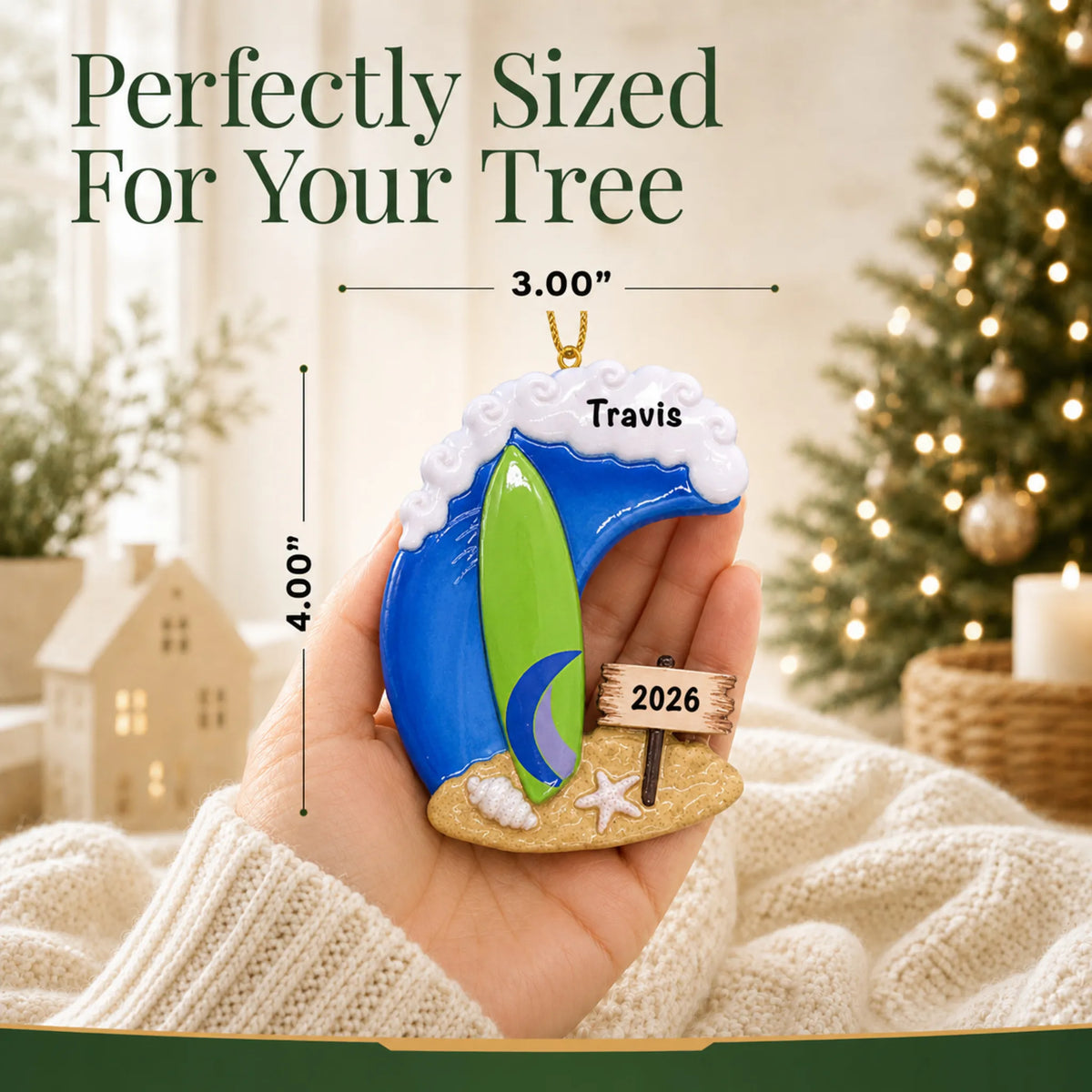 Size guide: the personalized surfing big wave christmas ornament is 3.00 in wide by 4.00 in tall, shown in hand