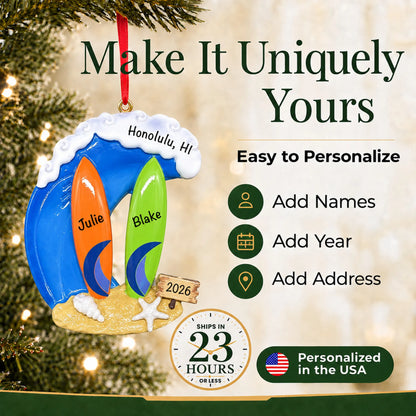 Make it yours: add names, year and location to the personalized big wave surfing couple christmas ornament