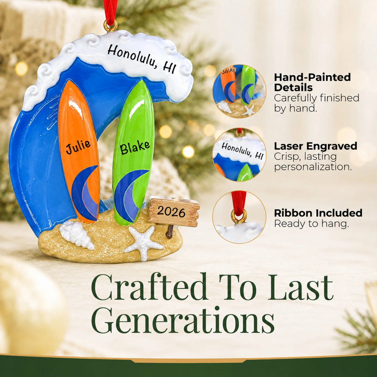 Hand-painted details and laser engraved personalization on the big wave surfing couple christmas ornament, ribbon included