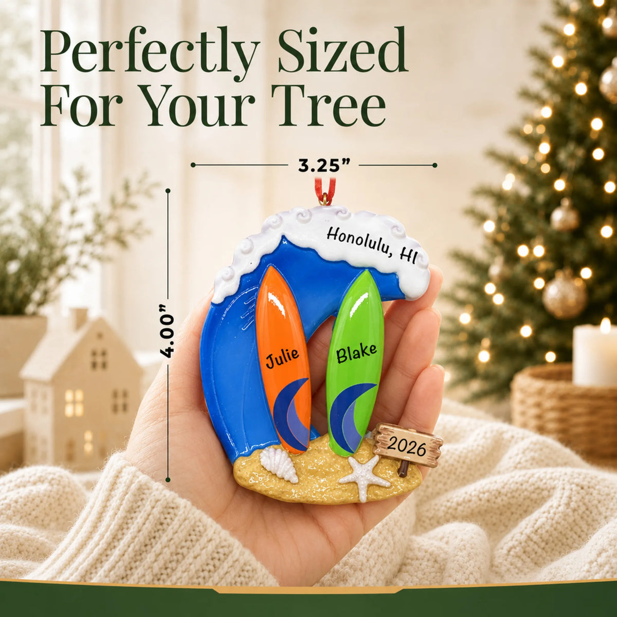 Size guide: the personalized big wave surfing couple christmas ornament is 3.25 in wide by 4.00 in tall, shown in hand