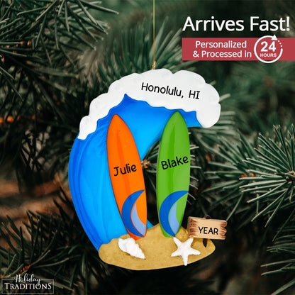 Big Wave Surfing Couple Christmas Ornament