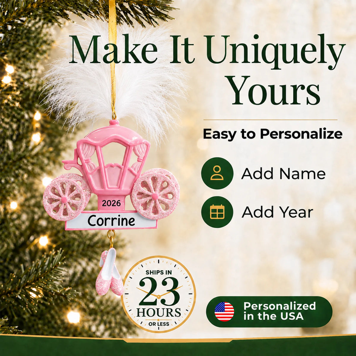 Make it yours: add name and year to the personalized princess carriage christmas ornament