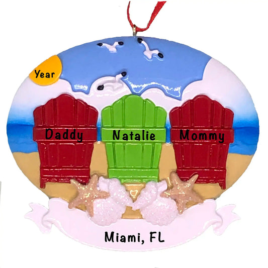 Beach Adirondack Family of 3 Christmas Ornament